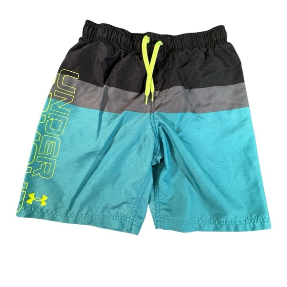 Under Armour Boys Size YLG Swim Trunks Board Shorts 2 Pair Lot Green Blue - Picture 2 of 16